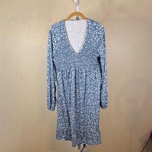 Blue Floral V-Neck Long Sleeve Dress Large